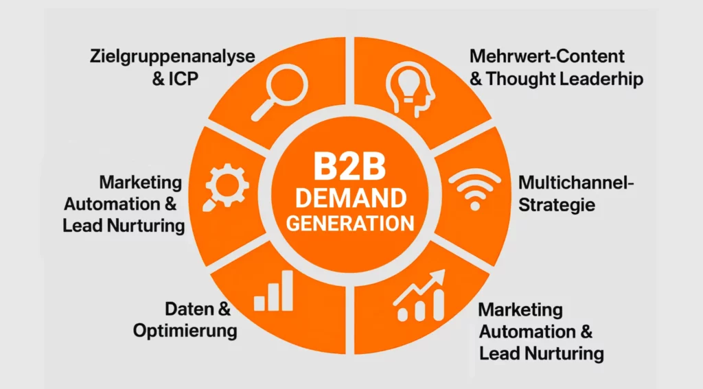 Grafik zu B2B Demand Generation mit sechs Segmenten: Zielgruppenanalyse, Content, Kanäle, Automation, Daten, Optimierung.