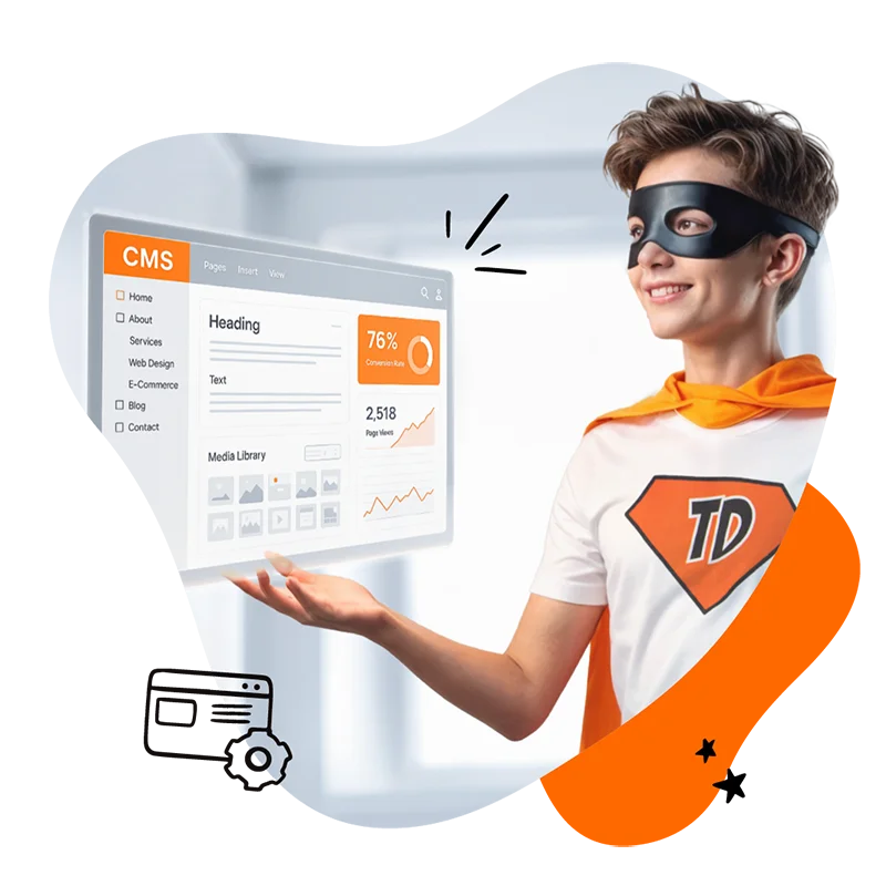 the-digitale-gmbh-münchen-cms-agentur Junge, der ein Dashboard hält, das ein bestimmtes CMS zeigt sowie passende Kennzahlen