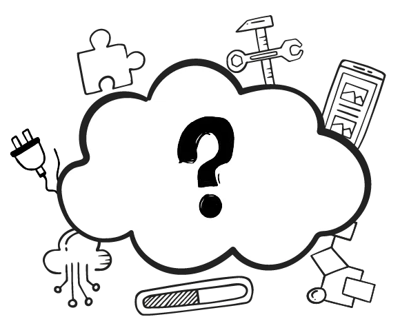 the-digitale-gmbh-münchen-cms-ohne-echte-loesung Platzhalter: Ein Fragezeichen in einer Wolke mit verschiedenen Elementen.