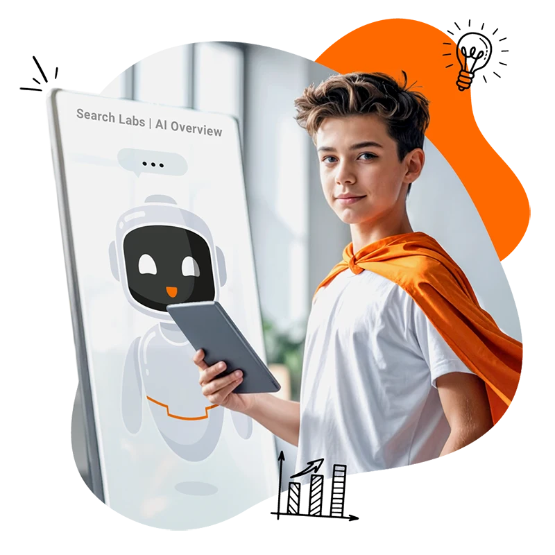the-digitale-gmbh-münchen-geo_agentur_ titelbild Junge im Superheldenkostüm hält ein Tablet vor einem Bildschirm mit einem Roboter-Avatar.