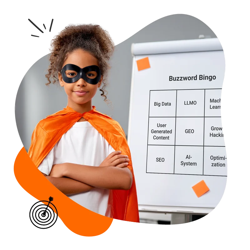 the-digitale-gmbh-münchen-geo_agentur_buzzword-bingi Mädchen im Superheldenkostüm steht mit verschränkten Armen vor einem Flipchart mit Buzzword-Bingo.