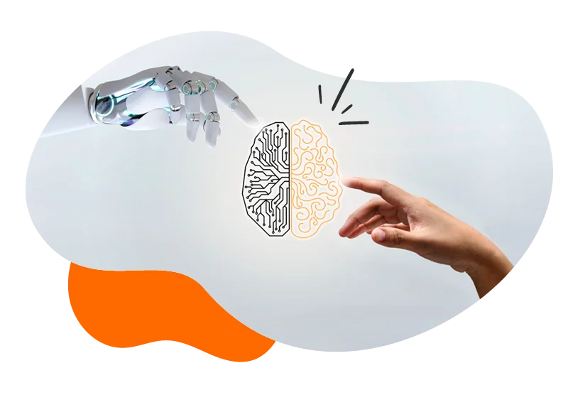 the-digitale-gmbh-münchen-geo_agentur_sichtbarkeit Roboterhand und menschliche Hand berühren sich mit einer grafischen Darstellung eines Gehirns dazwischen.