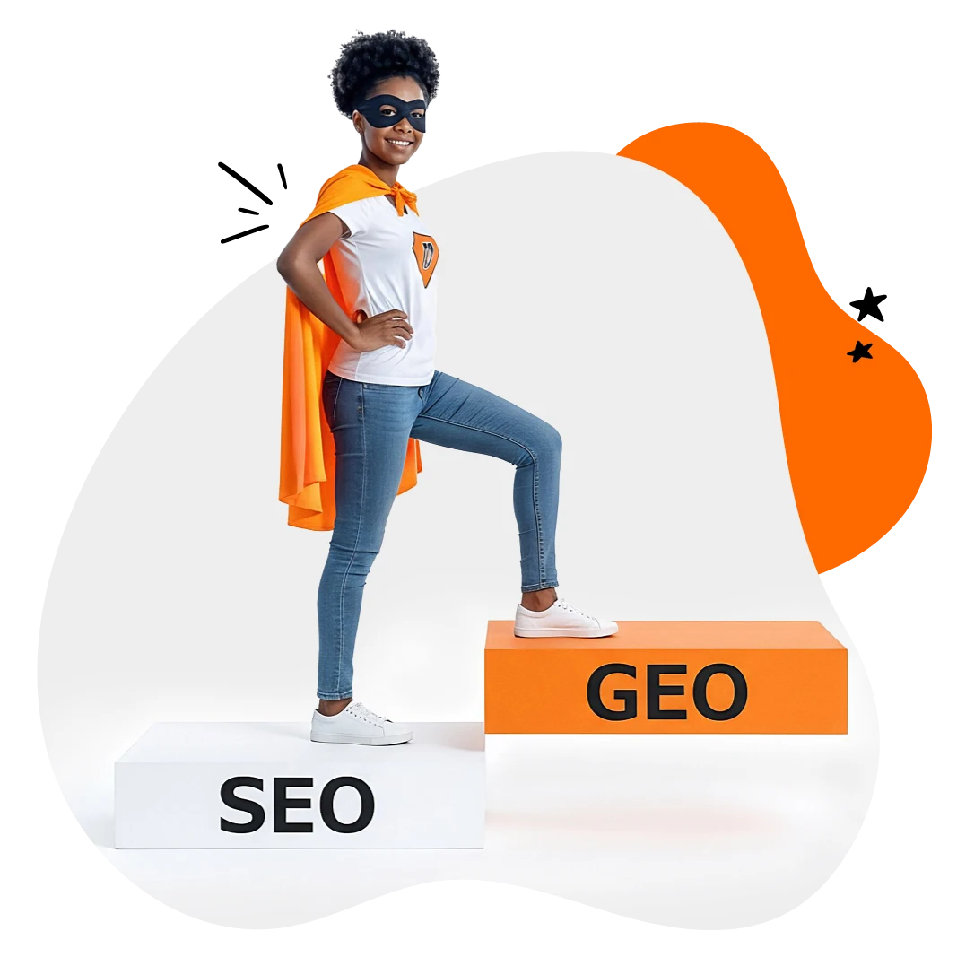 Superhero Kid steht lächelnd auf einer Stufe mit "SEO" um auf das nächste Level "GEO" zu steigen. 