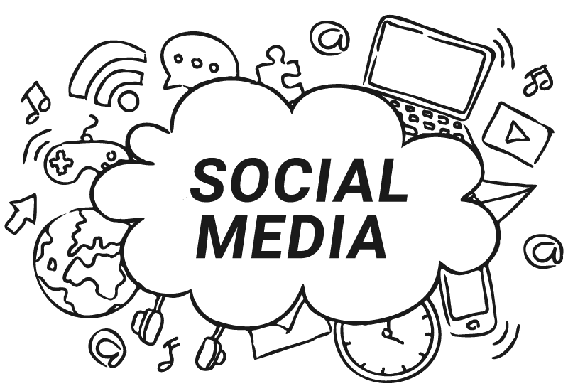 the-digitale-gmbh-münchen-social-media_leistungen Viele Scribbles zum Thema Social Media um eine Wolke