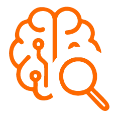 Icon eines stilisierten Gehirns mit Leiterbahnen und einer Lupe davor.