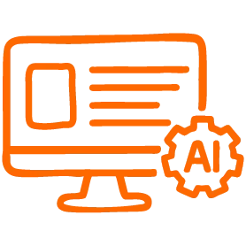 the-digitale_icon_ki-gestützte-content-engine Icon eines Computerbildschirms mit Text und Bild, daneben ein Zahnrad mit der Aufschrift AI.