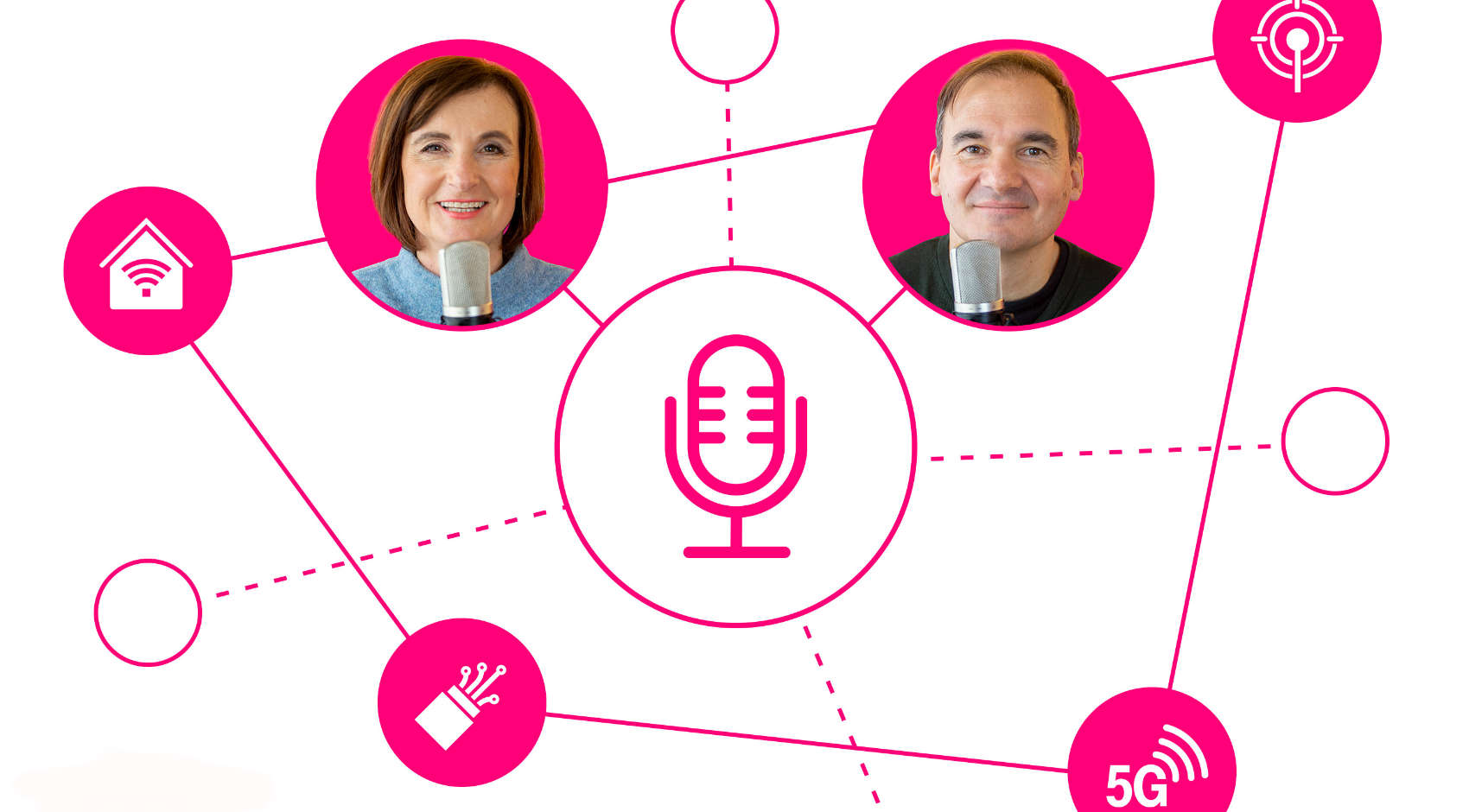 Telekom Podcast Visual in Pink mit Sprecherportraits